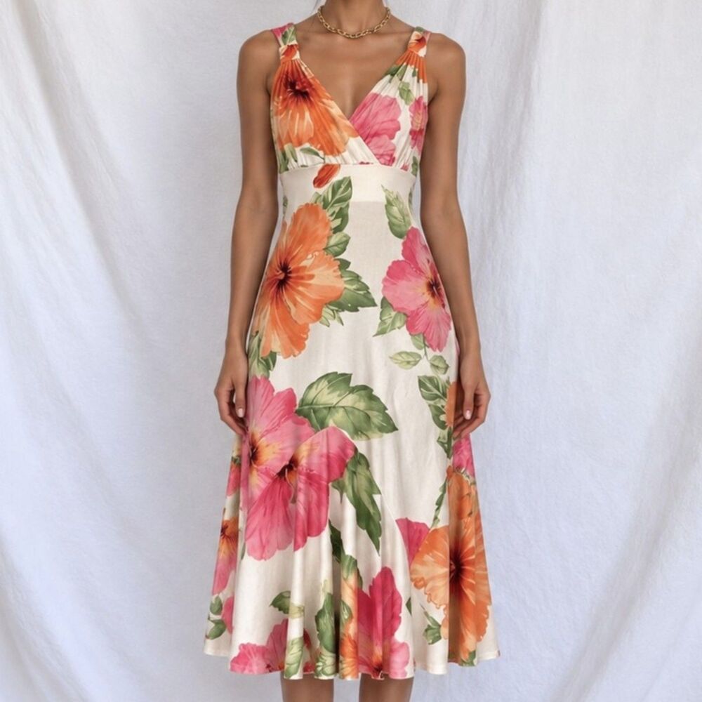 Vintage Y2K Floral Knit Silk Knee Length Flared Cocktail Sundress Dress Size S